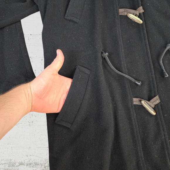 90s Vintage Black Wool Blend Toggle Closure Leather Trim Overcoat Size Medium - Picture 3 of 13